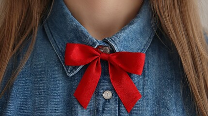 Stylish person in formal denim shirt with small red silk ribbon bow accessory elegant smart casual outfit detail fashion portrait close up clothing style inspiration