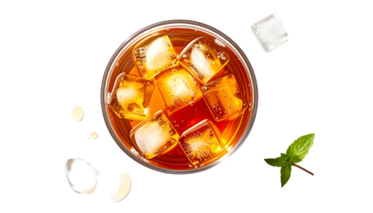 Drink w/ ice eye-level view, black background, splash, mint leaf