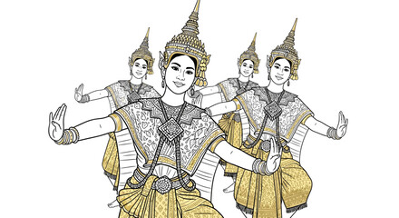 Fototapeta premium Thai dancers in gold costumes performing