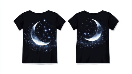 a moonlit t-shirt with a glowing crescent moon on the front and star clusters on the back, on a white background