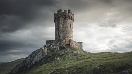 ancient medieval stone tower on green hill under dramatic cloudy sky, cinematic light, historic architecture detail clearly visible