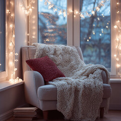 Cozy armchair bathed in warm fairy lights creates a peaceful reading nook by a winter window.