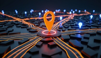 Futuristic glowing city map with orange location pin