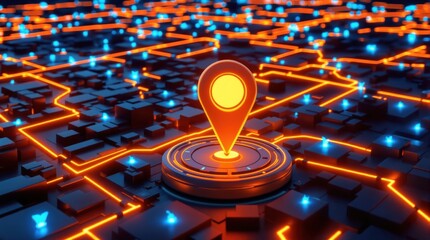 Futuristic glowing city map with orange location pin