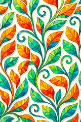Seamless pattern of colorful leaves and branches isolated on white background