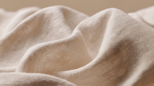 close up of light linen textile with soft wrinkles and natural texture, clean neutral background for product presentation