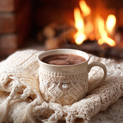 Warm beverage rests comfortably beside a cozy fireplace creating a relaxing winter atmosphere.