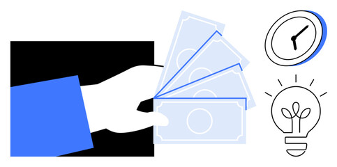 Hand holding paper money, clock symbolizing time, lightbulb representing idea generation. Ideal for finance, productivity, business, time management, creativity savings innovation. Simple flat