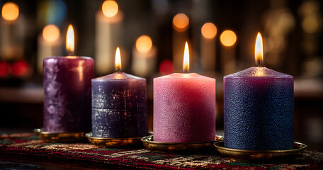 Advent Candles In Church - Three Purple And One Pink As A Catholic Symbol And Bokeh Lights