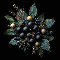 Dramatic dark floral arrangement with golden accents creates a luxurious and moody botanical display.