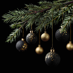 Elegant black and gold christmas ornaments hanging from a lush evergreen branch against a dark background.