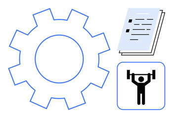 Large gear, stacked documents, and fitness icon symbolize productivity, organization, self-improvement. Ideal for teamwork, planning, health performance education process innovation. Simple flat