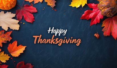 Happy thanksgiving background with autumn leaves and text happy thanksgiving as a bold sign on a dark blue wooden table mockup