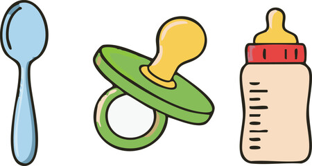 Baby feeding essentials including a spoon, pacifier, and bottle arranged in a row on a white surface representing childhood and care.