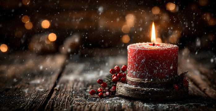 Kerze mit festlicher Dekoration und Holz Hintergrund bei fallendem Schnee, ideal f&uuml;r Advent und Weihnachten