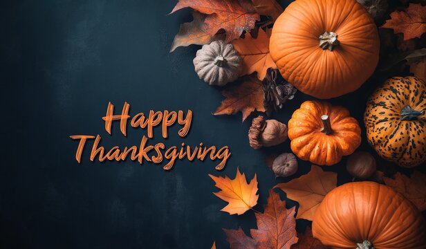 Happy Thanksgiving Day background with pumpkins and autumn leaves on a dark blue banner mockup for your design work