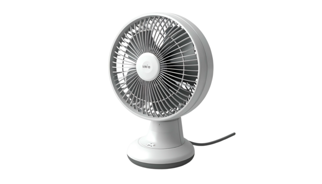 Small white desk fan with round head, against black backdrop