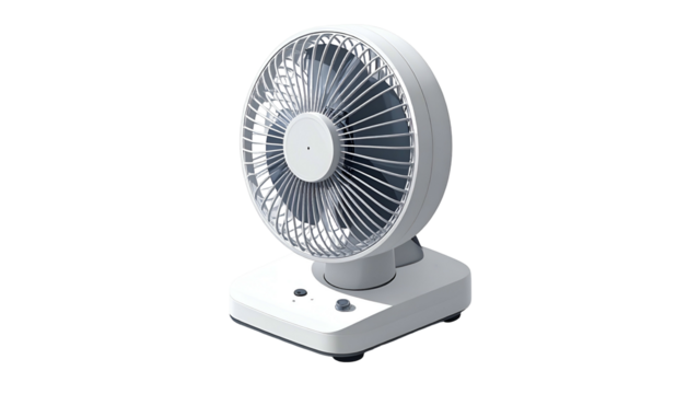 White desktop fan with circular guard, on a squared base
