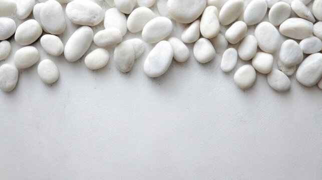 smooth white pebbles evenly spread on light gray surface, soft daylight, minimal spa composition background