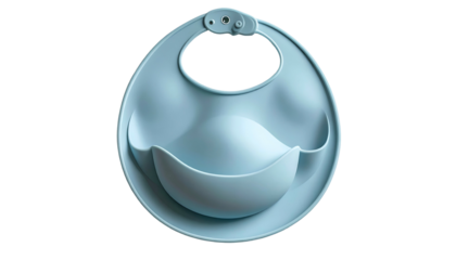 Light blue silicone baby bib with a deep pocket on a black background