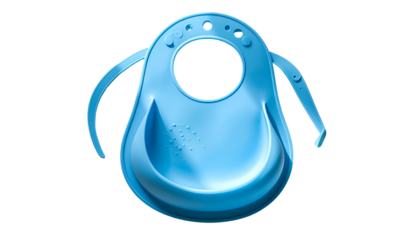 Blue plastic baby bib with a deep pocket, isolated on black
