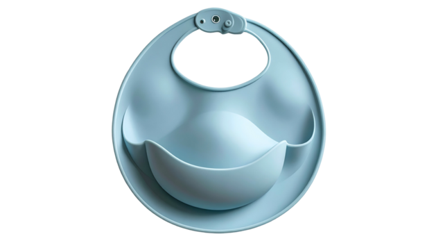 Light blue silicone baby bib with a deep pocket on a black background