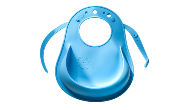 Blue plastic baby bib with a deep pocket, isolated on black