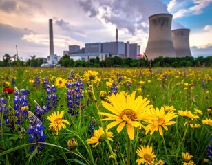 Power plant with a field of wildflowers against a sunset sky