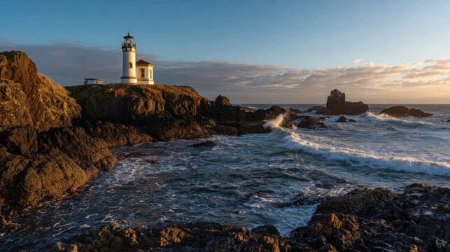 white lighthouse tower on rocky coast during golden hour, ocean waves splashing, clear view of structure, serene atmosphere