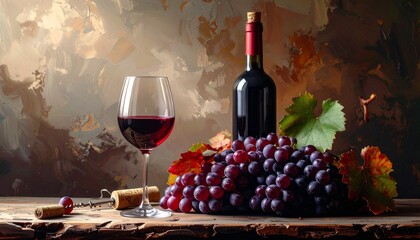 Elegant still life with a deep red wine bottle, a full glass, and lush grapes on a rustic wooden table, evoking sophisticated indulgence and autumnal delight