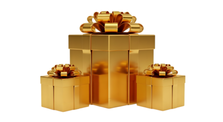 Three golden gift boxes with bows, isolated on transparent background
