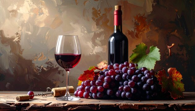 Elegant still life with a deep red wine bottle, a full glass, and lush grapes on a rustic wooden table, evoking sophisticated indulgence and autumnal delight