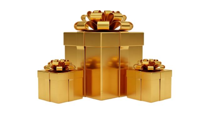 Three golden gift boxes with bows, isolated on transparent background