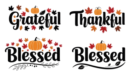 Grateful thankful blessed text with pumpkins and autumn leaves isolated on transparent background