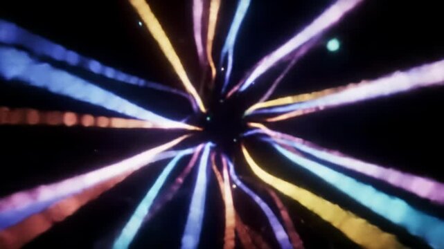 A dynamic, electrifying first-person pov video rocketing at hyperspeed through an abstract, futuristic digital tunnel of vibrant, glowing iridescent light rays with soft lens flares. Sci-fi data