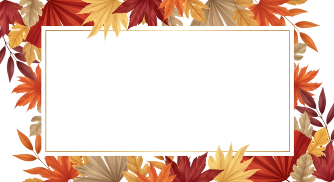 Autumn leaf border with a blank white rectangle in the center, isolated on transparent background
