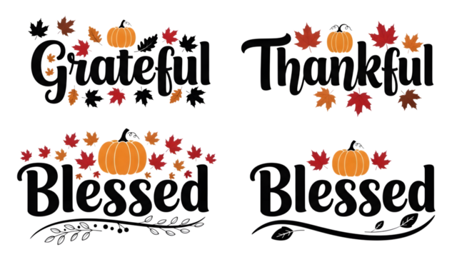 Grateful thankful blessed text with pumpkins and autumn leaves isolated on transparent background