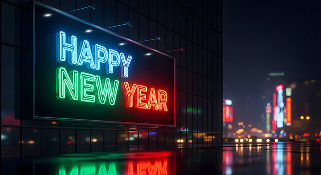 Bright neon sign wishing Happy New Year lights up the city night, reflecting festive cheer and holiday spirit for end-of-year celebrations and joyful marketing campaigns