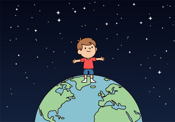 Fototapeta premium Boy Standing on Earth Under Starry Night Sky - Children Education Concept