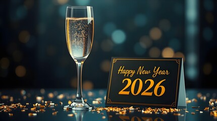 Elegant New Year 2026 Celebration Scene with Champagne Glass, Gold and Blue Bokeh Lights, Glitter Confetti, and Black Greeting Card, Symbolizing Joy, Luxury, and Festivity.