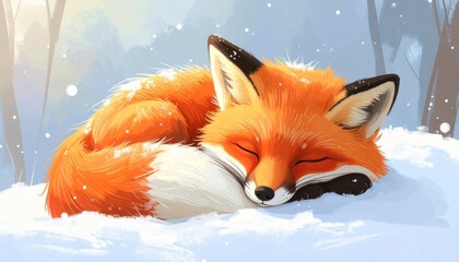 Adorable red fox curled up and peacefully slumbering amidst a serene winter wonderland, a heartwarming and cozy illustration of wildlife in snow