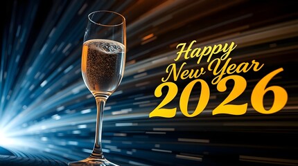 Elegant New Year 2026 Celebration Scene with Champagne Glass, Gold and Blue Bokeh Lights, Glitter Confetti, and Black Greeting Card, Symbolizing Joy, Luxury, and Festivity.