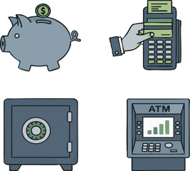 Piggy bank saving money alongside atm machine and safe deposit box representing financial security and banking services for personal wealth management.