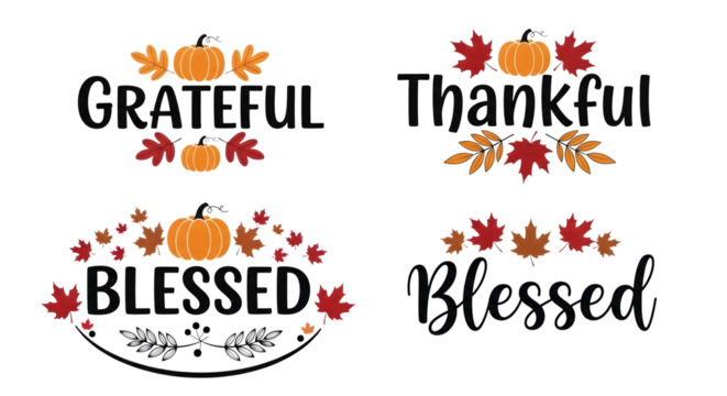 Collection of four thanksgiving and autumn themed phrases grateful, thankful, and blessed, isolated on transparent background