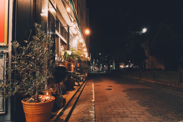 静けさと光が織りなすおしゃれな夜のレストラン風景