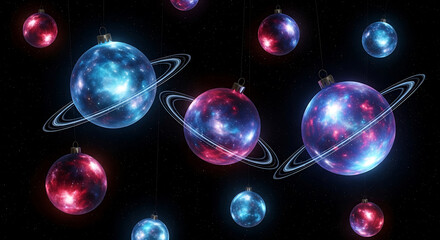 Galaxy planet ornaments hanging in dark space with stars and rings christmas