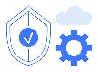 Shield with checkmark for protection, gear for process optimization, and cloud for storage. Ideal for security, technology, cloud computing, cybersecurity, IT solutions, innovation simple flat