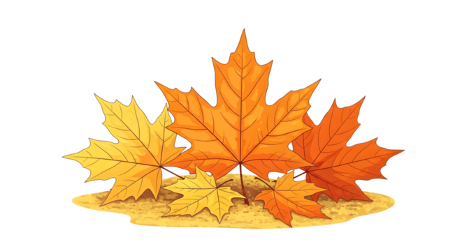 A pile of colorful autumn maple leaves in shades of yellow, orange, and red, isolated on transparent background