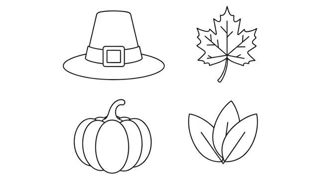 Set of four thanksgiving icons including a pilgrim hat, maple leaf, pumpkin, and cornucopia, isolated on transparent background