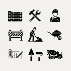 A collection of black and white construction and building icons including tools, workers, and equipment.